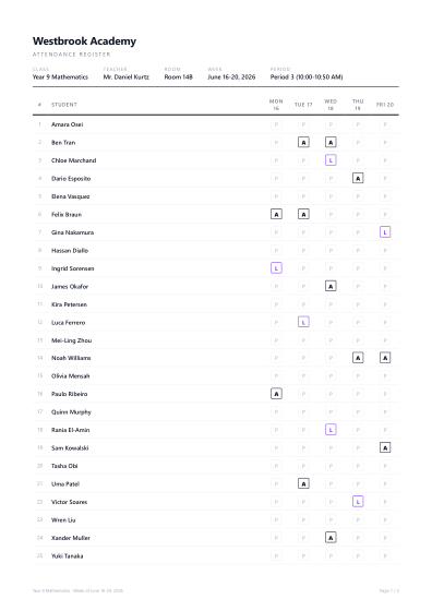 Attendance sheet (minimal)