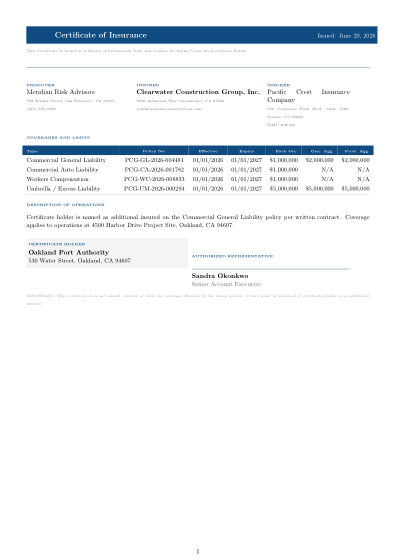 Certificate of insurance (compact)